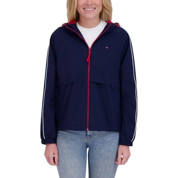 NWT Tommy Hilfiger Womens Navy Blue Hooded Windbreaker Jacket Red Trim Size L - Picture 4 of 7